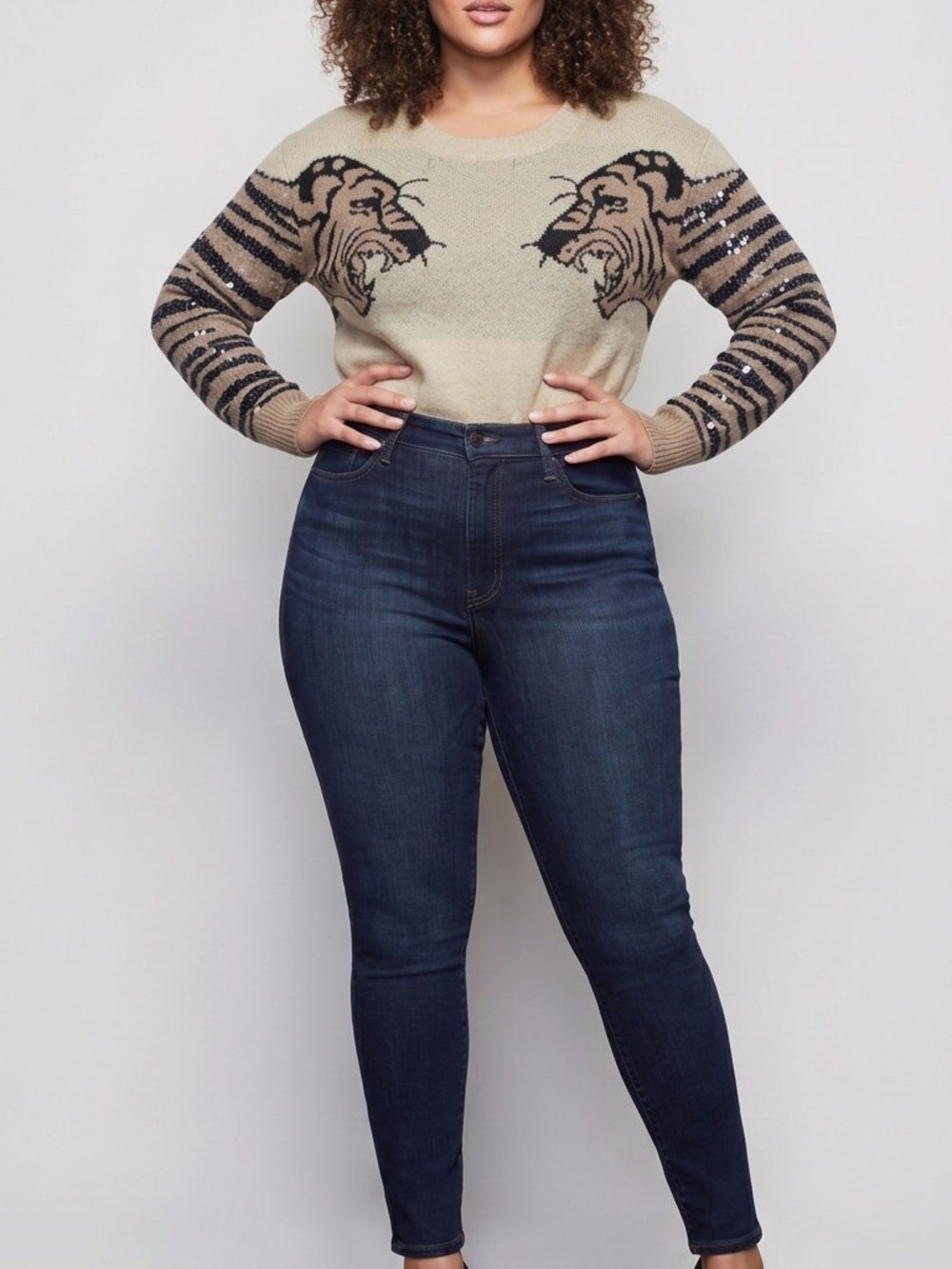 BiBi Beige Tiger Intarsia Sweater with Striped Sleeves